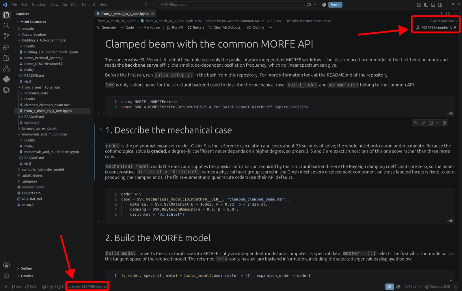 VS Code with a MORFEExamples notebook open: the kernel picker in the top right reads MORFEExamples 1.10, and the status bar reads Julia env: MORFEExamples